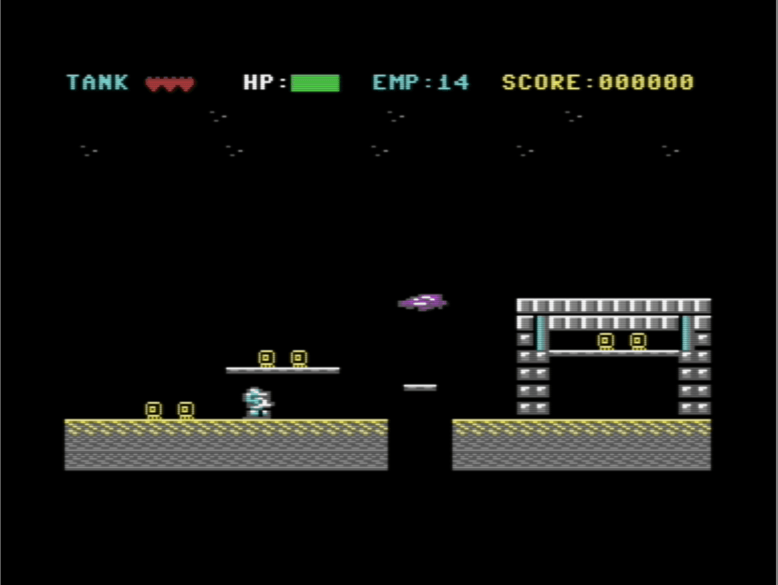 Cortex Breach gameplay: the character TANK on platforms with HP, EMP count, and score HUD, dodging a UFO