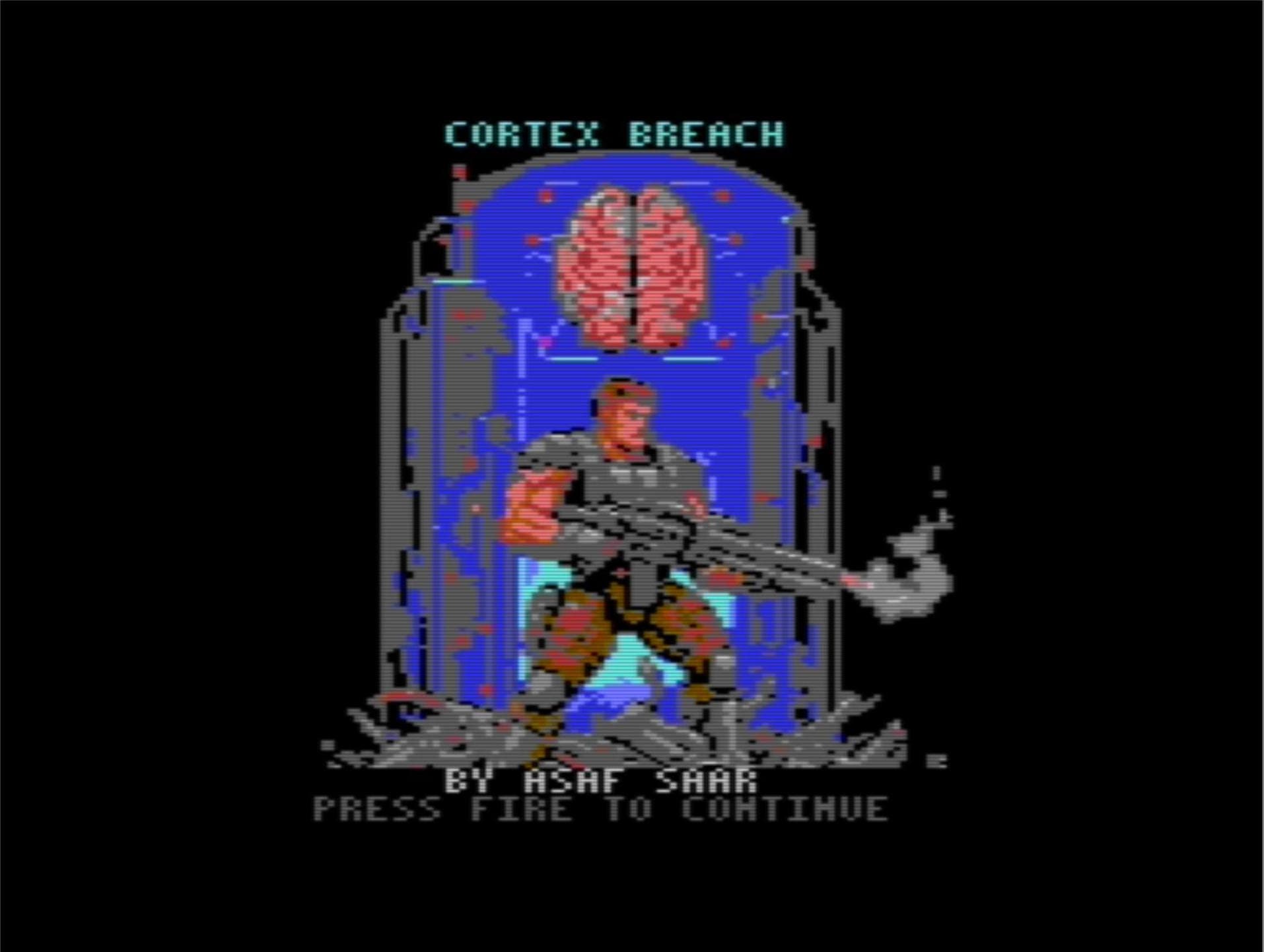 Cortex Breach loading screen: pixel-art soldier with rifle in front of a brain-in-prison, 'CORTEX BREACH — BY ASAF SAAR — PRESS FIRE TO CONTINUE'